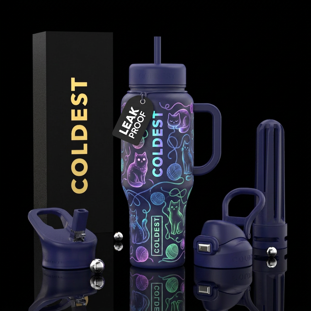 Glowie cats and yarn balls water bottle design