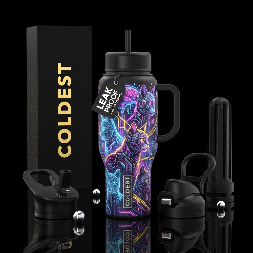 Cats, cyberpunk water bottle design