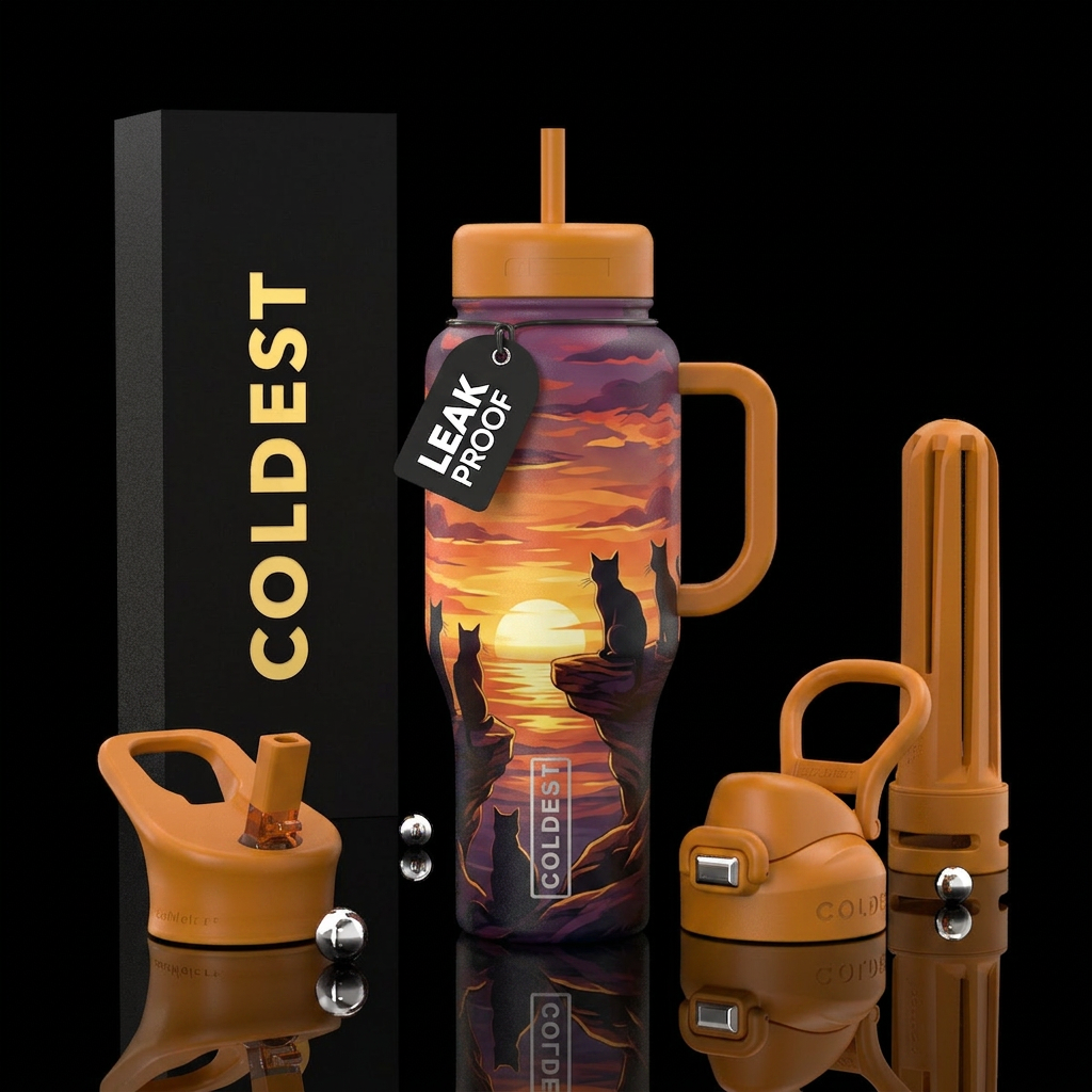 Sunset cats water bottle design