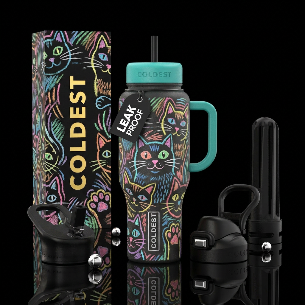 Cat chalk art water bottle design