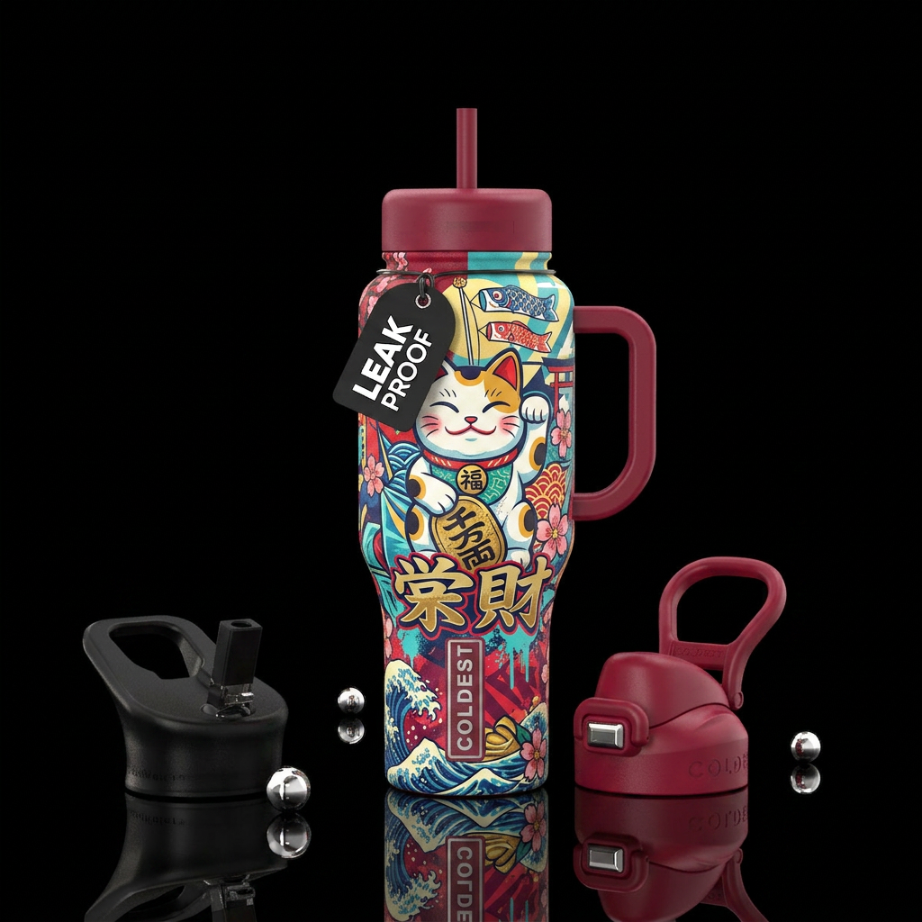 Street art lucky cat Japanese aesthetic water bottle design