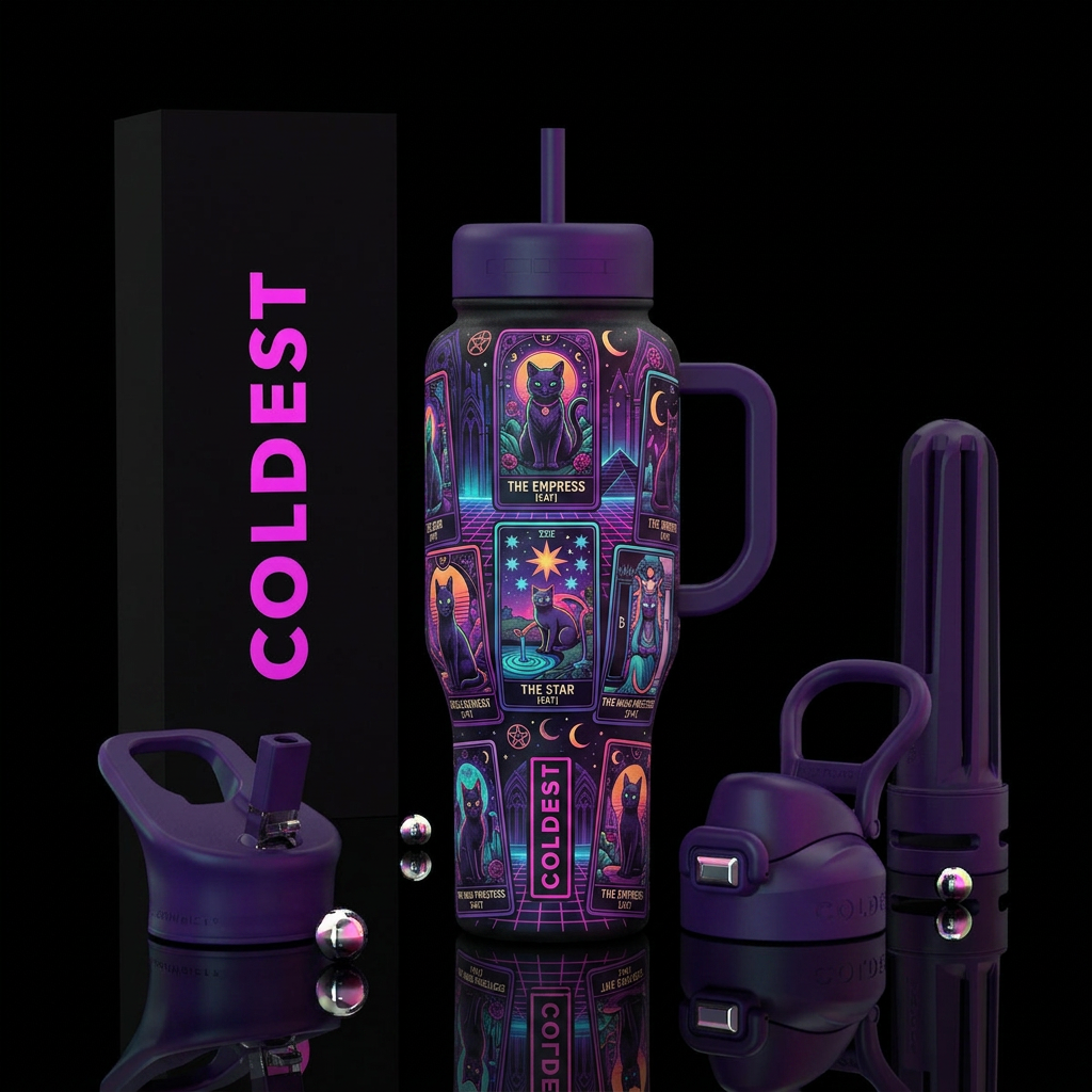 Gothic, cat tarot cards,, retrowave water bottle design