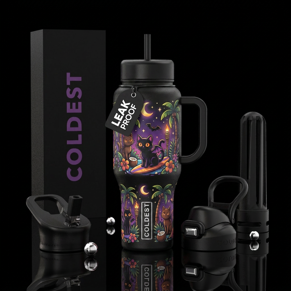 Spooky Halloween cats during summer water bottle design