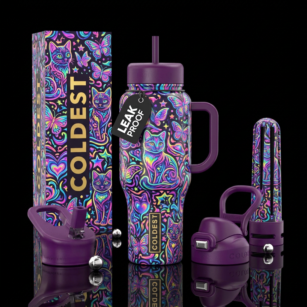 Cat, neon, Lisa frank, retro water bottle design