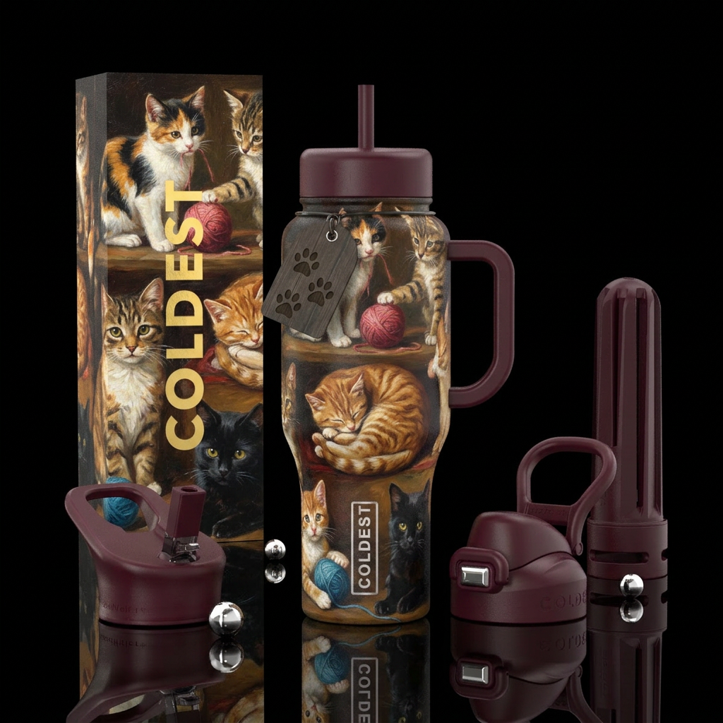 Cats, oil painting water bottle design