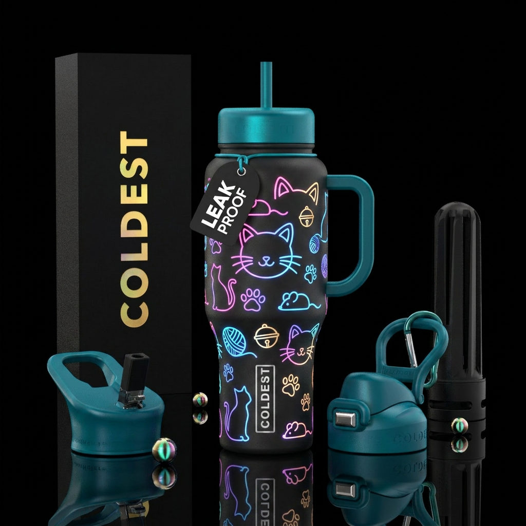 Glowie cat outlines, cat ears, whiskers, cat toys water bottle design