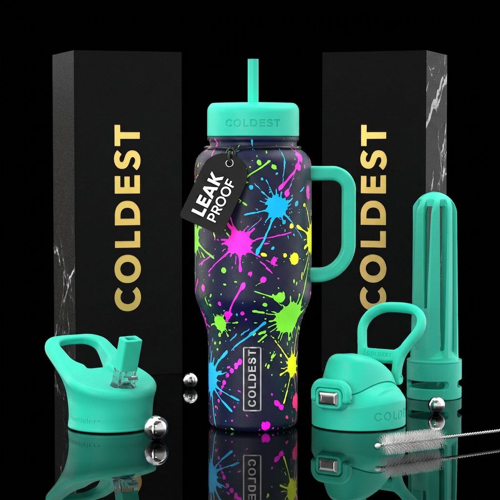 Neon paint splatters water bottle design