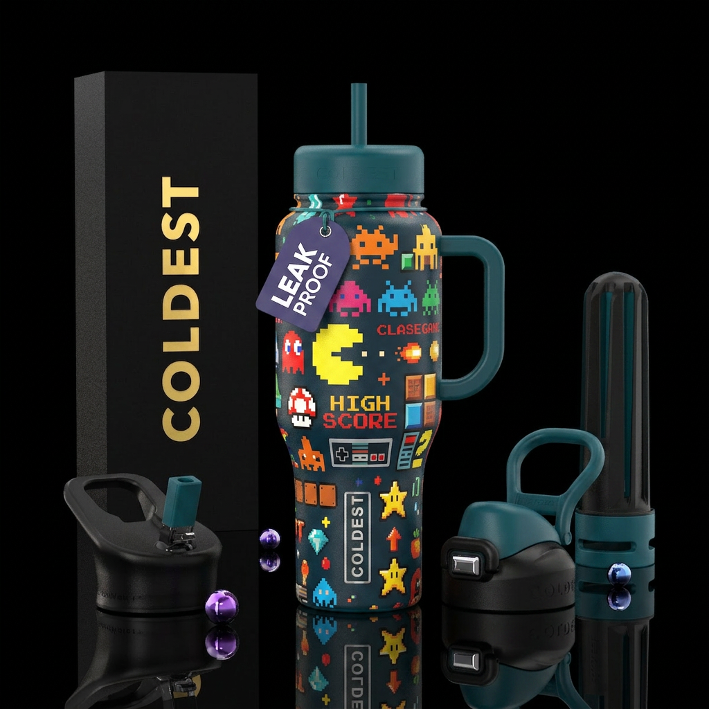 Retro video games water bottle design
