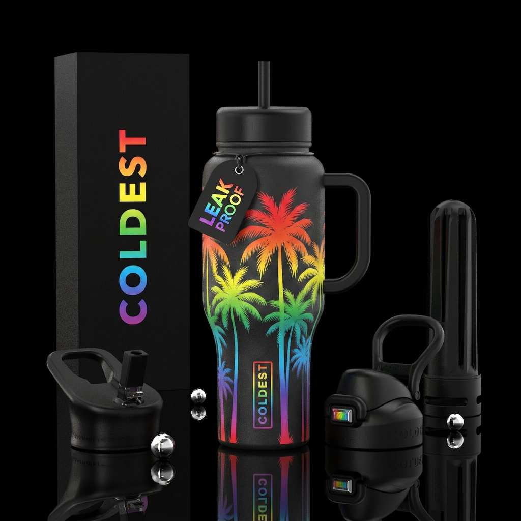 Tall Rainbow palm trees, black handle and lids, ra... water bottle design