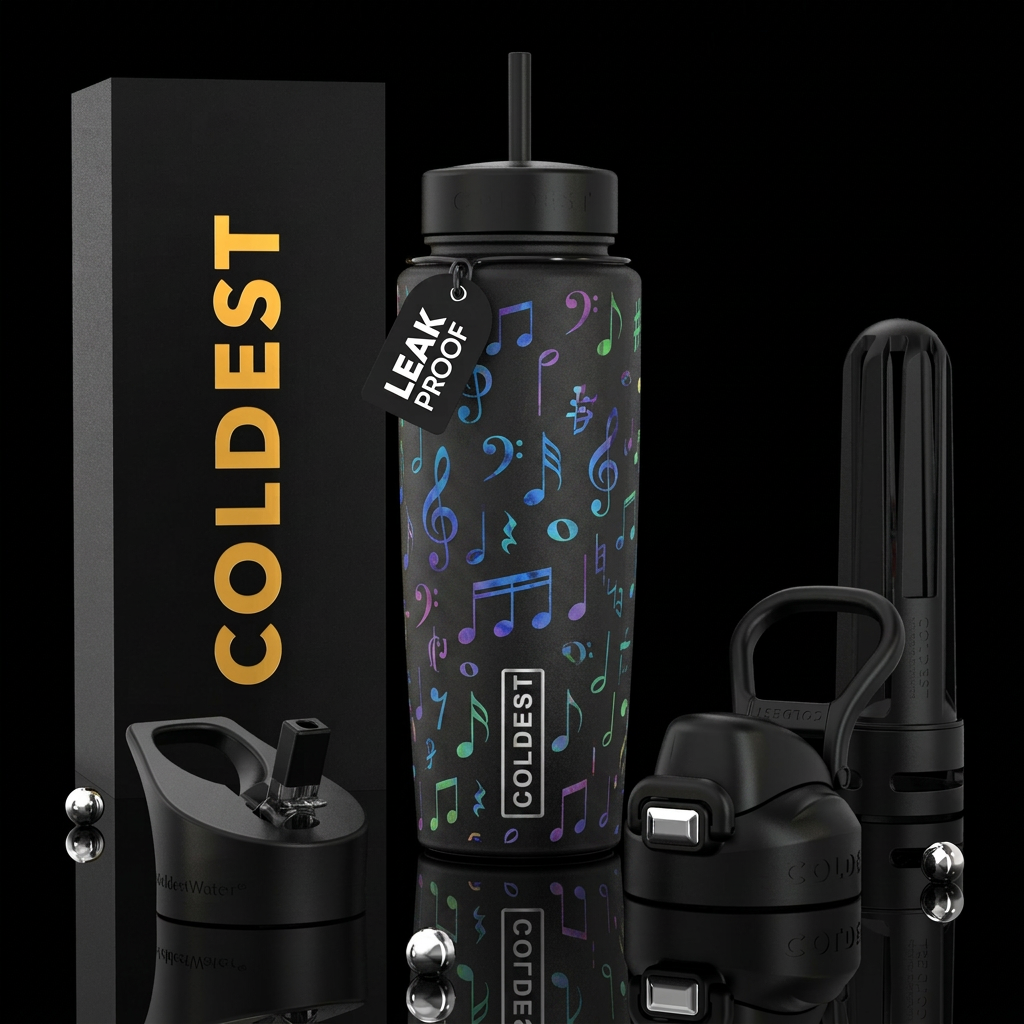 Colorful musical notes water bottle design