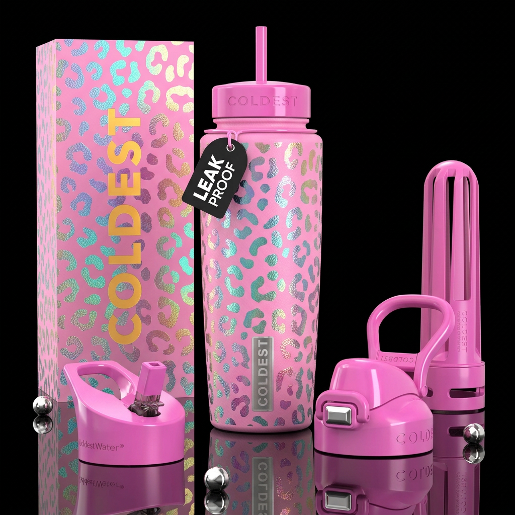 Pink bottle with iridescent leopard print water bottle design