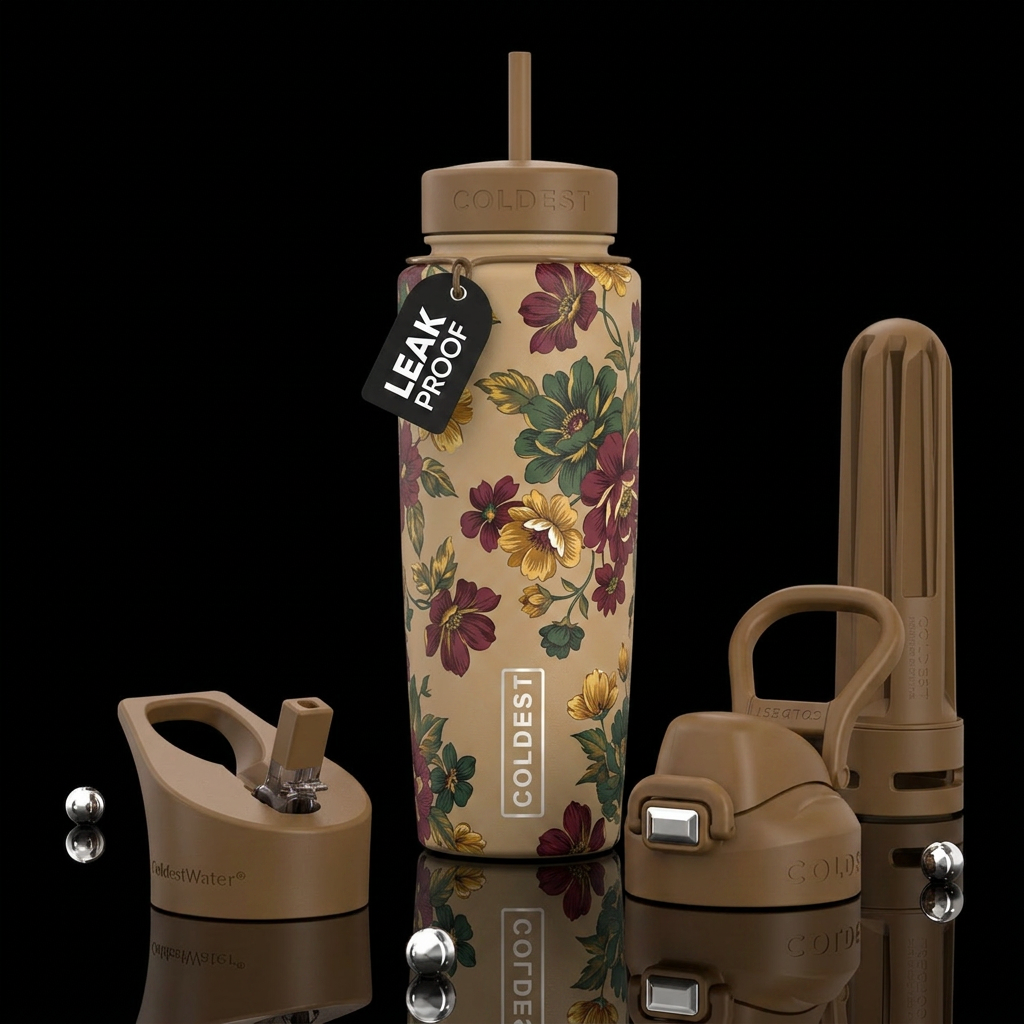 Tan bottle with maroon, green, and yellow flowers water bottle design