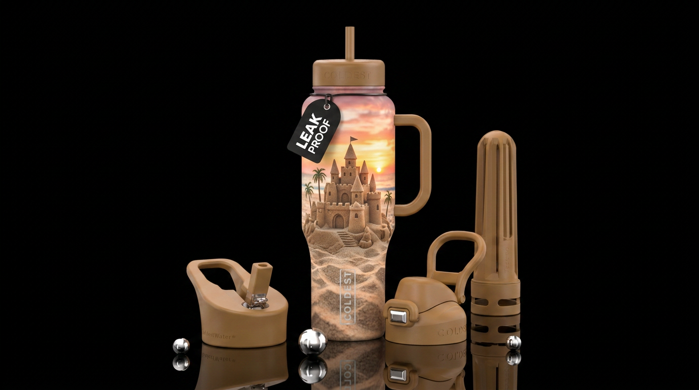 Coldest sand castle on the beach, sunset in the di... water bottle design