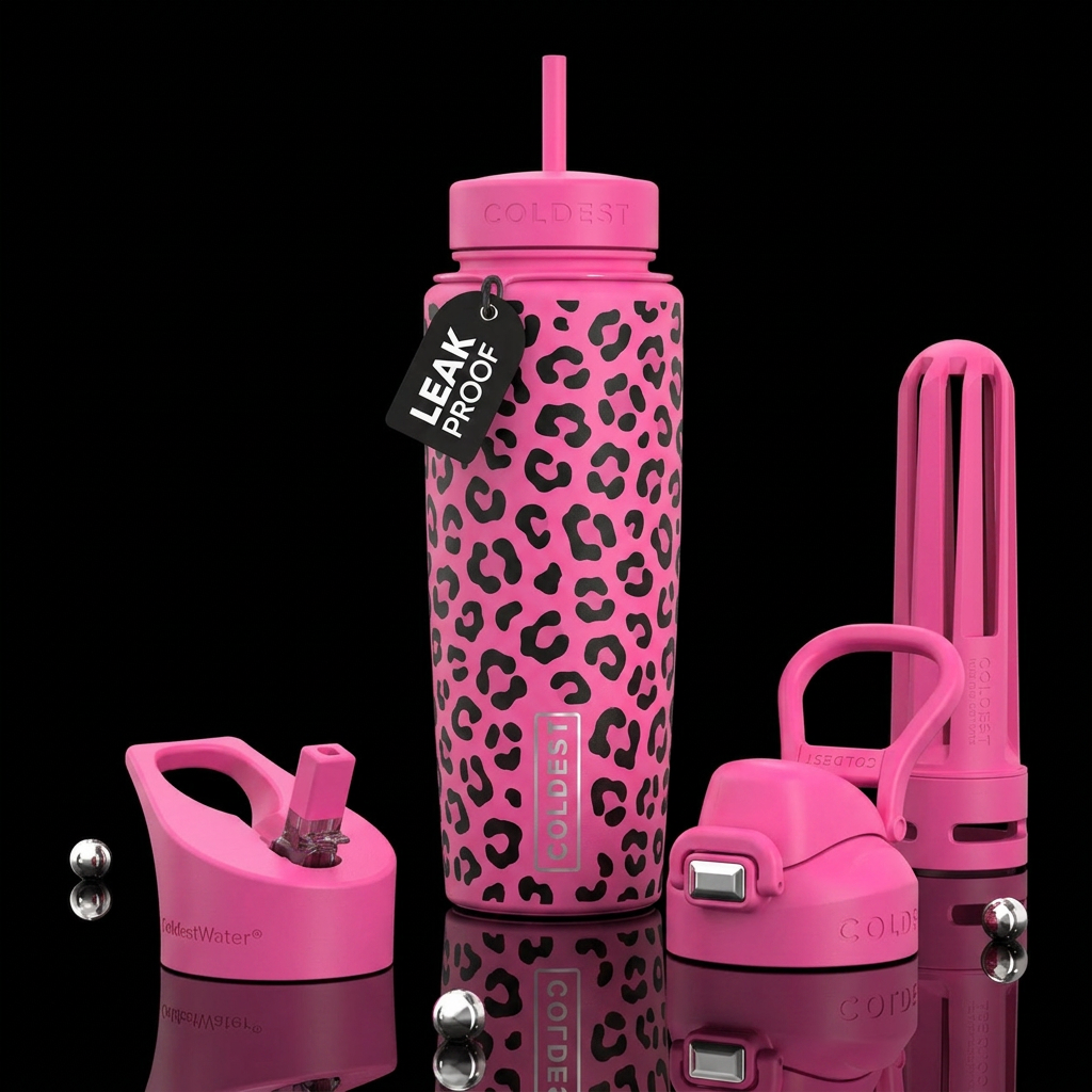Pink bottle, black leopard print water bottle design