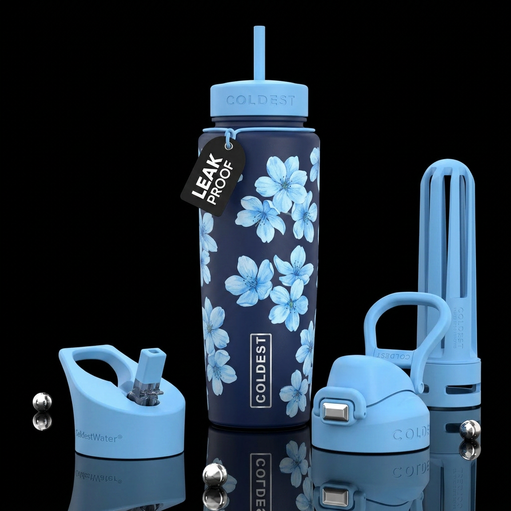 Navy bottle, light blue flowers water bottle design