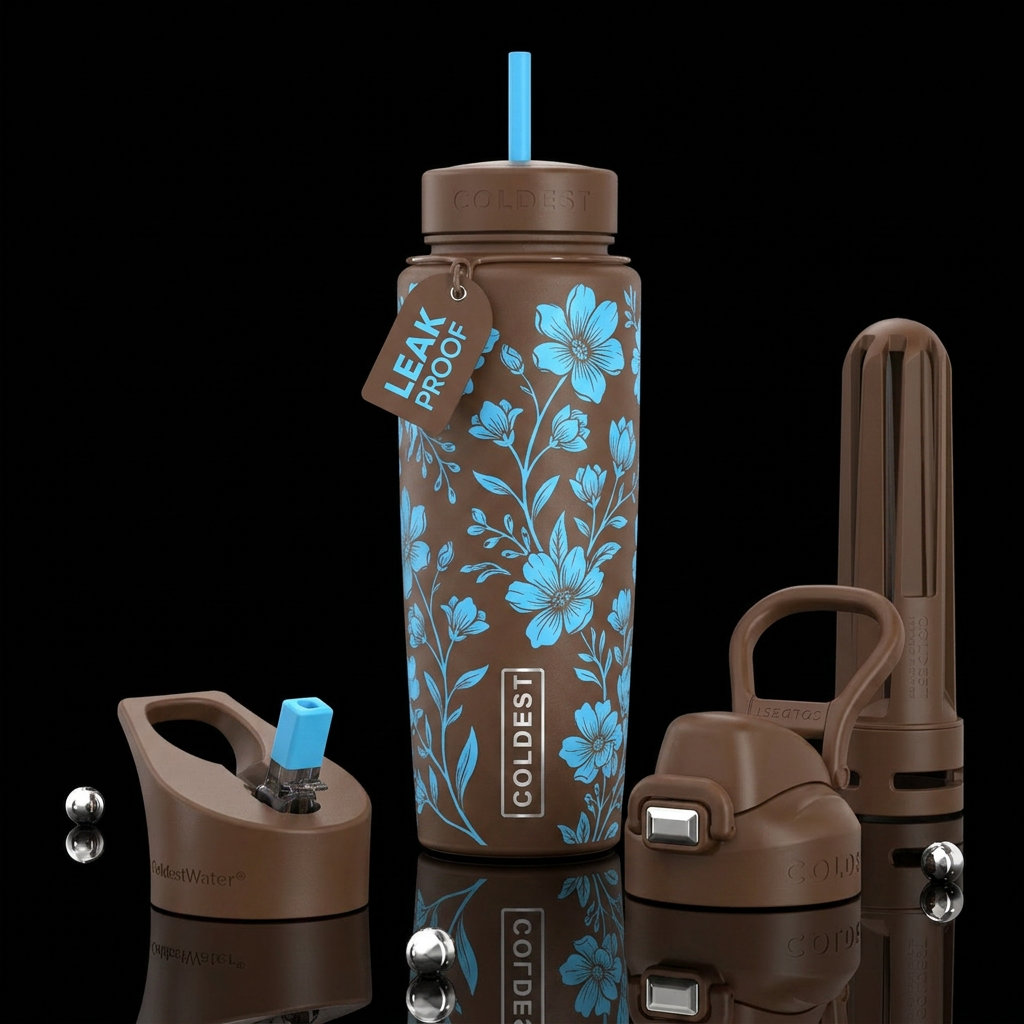 Brown bottle and lids, sky blue flowers water bottle design