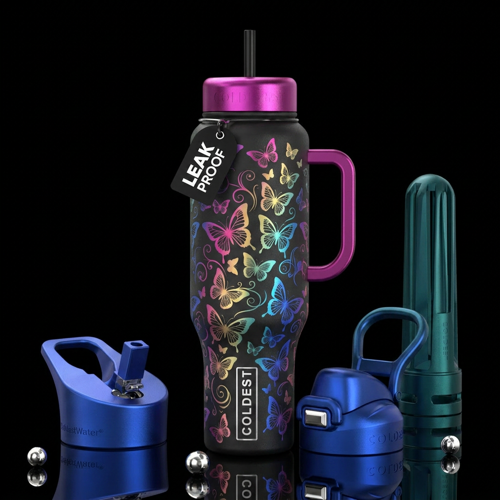 Colorful gradient butterfly swirls pattern water bottle design