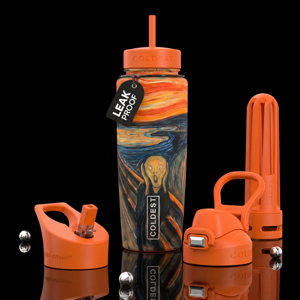 Edvard munch the scream, orange lids water bottle design