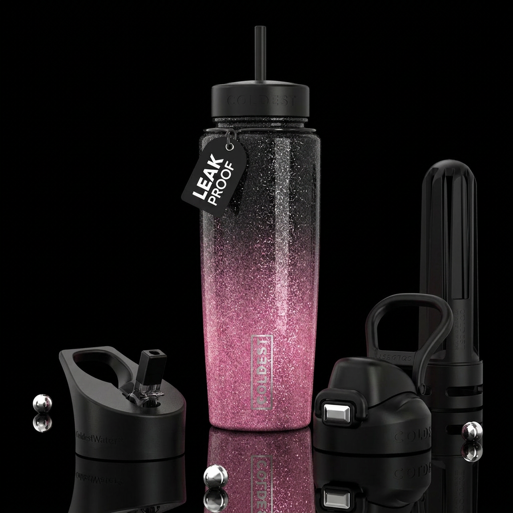 Pink black glitter ombre water bottle design