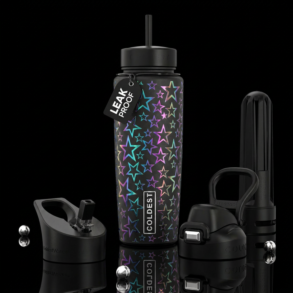 Abstract iridescent stars water bottle design