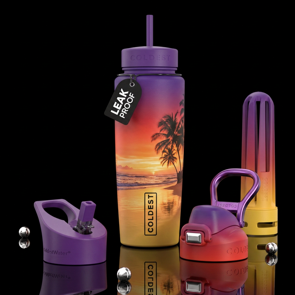Purple red yellow beach sunset water bottle design