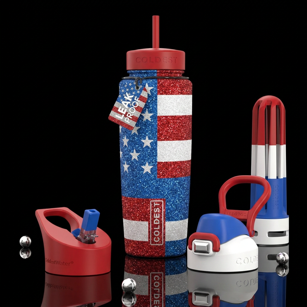 Red white blue glitter flags water bottle design
