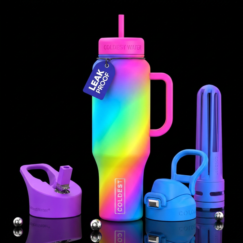 Gradient neon rainbow water bottle design
