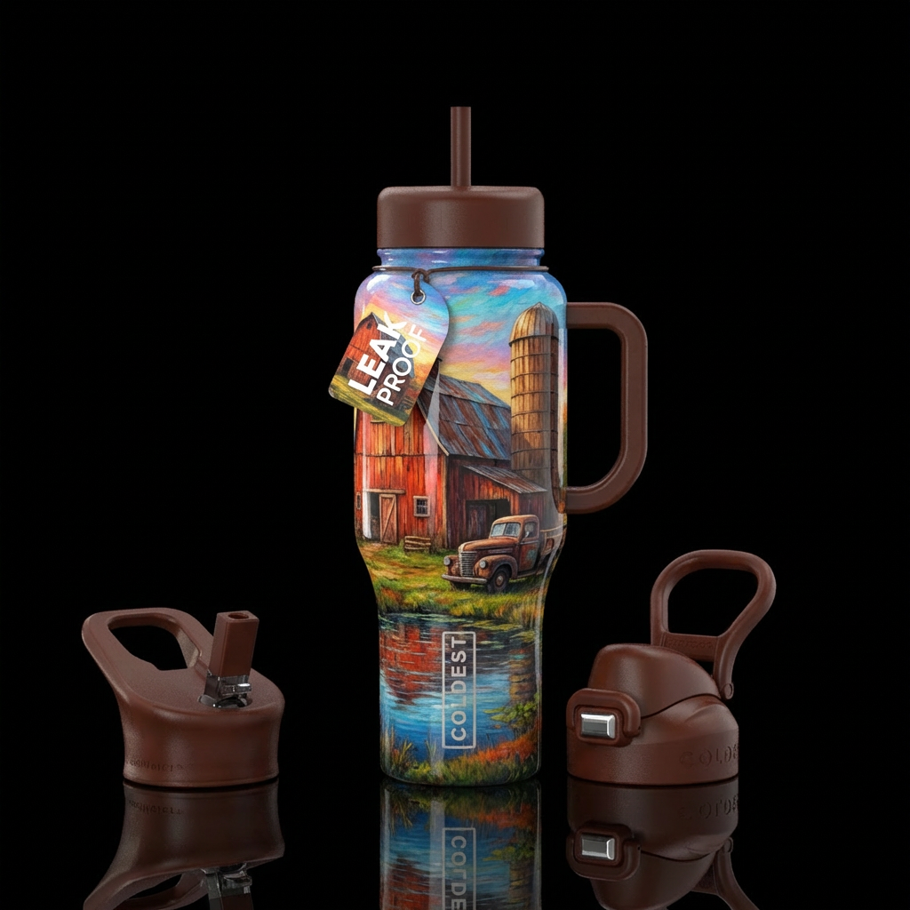 Old barn house, silo,old truck,pond water bottle design