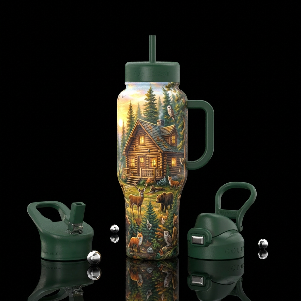 Cabin, woods, animals water bottle design