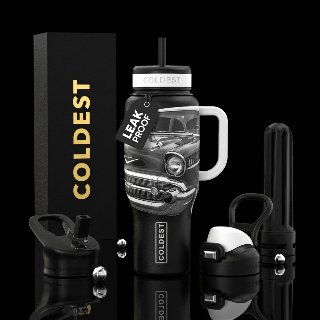 57 chevy black and white water bottle design