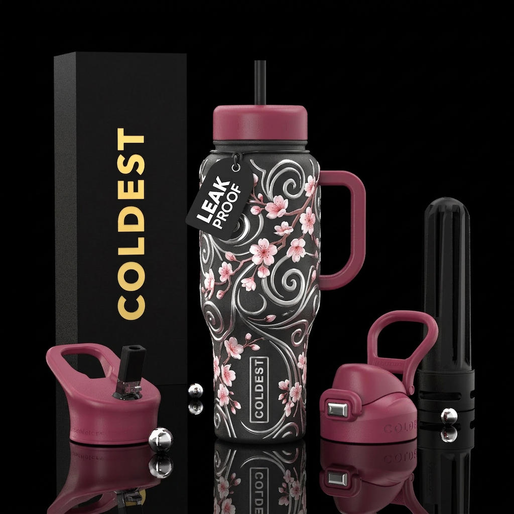Cherry blossoms, swirls silver water bottle design