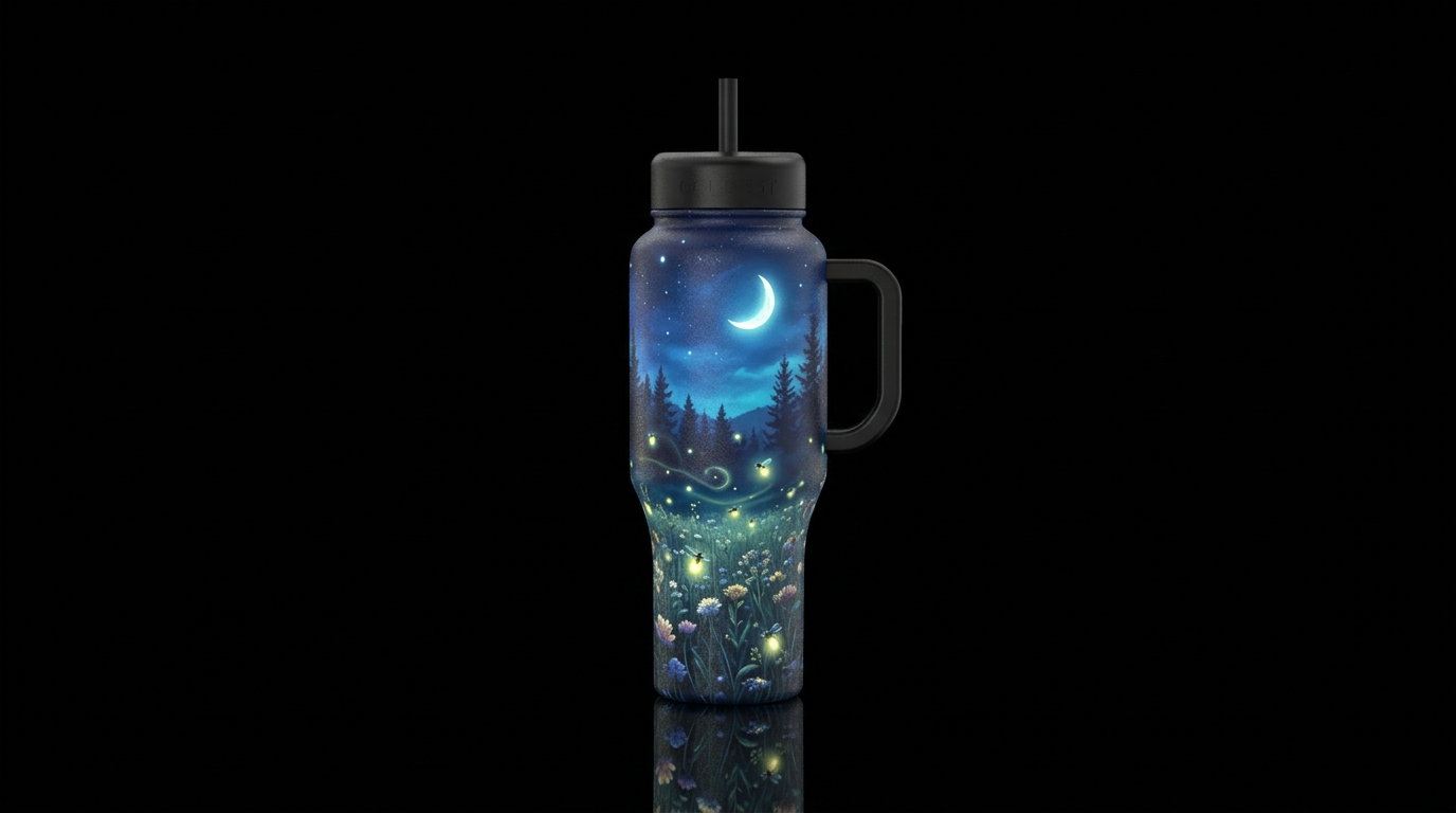 Flower Fireflies, sky trees moon water bottle design
