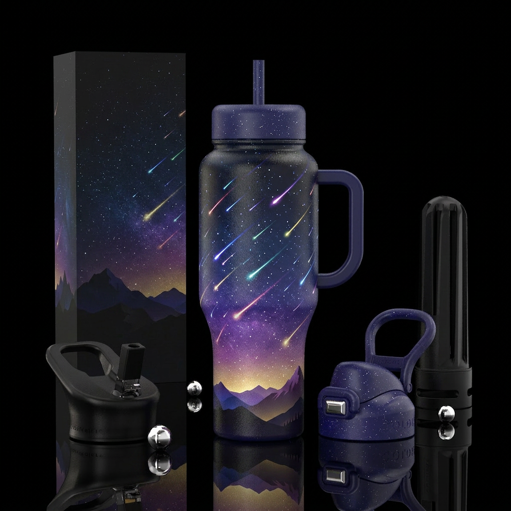Shooting stars glow, night sky mountain water bottle design