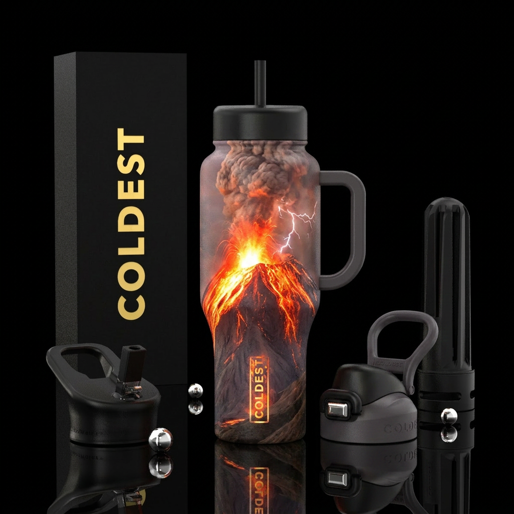 Erupting volcano, glowing water bottle design