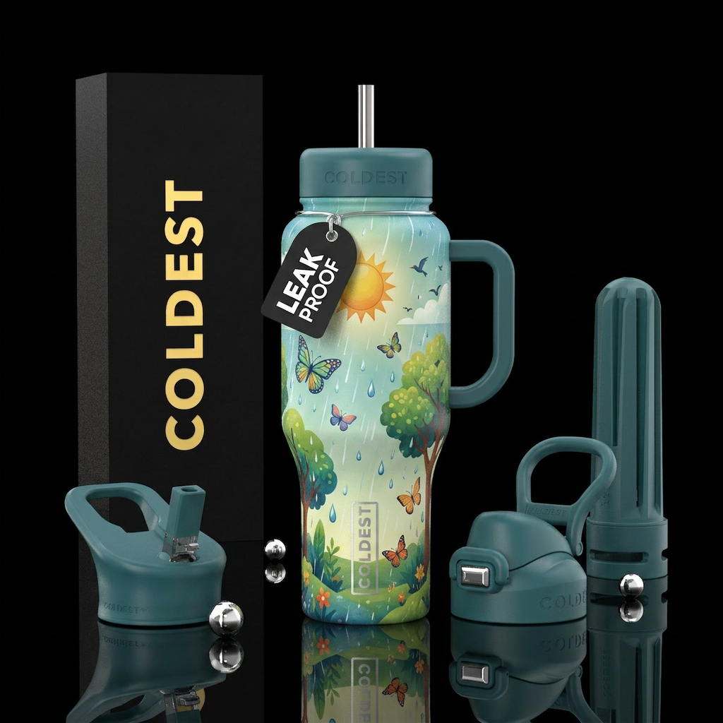 Rain, butterflies sunshine, trees birds water bottle design