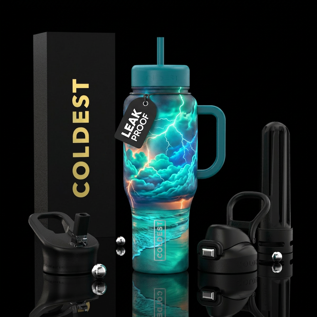 Glowie lightening, clouds beach water bottle design