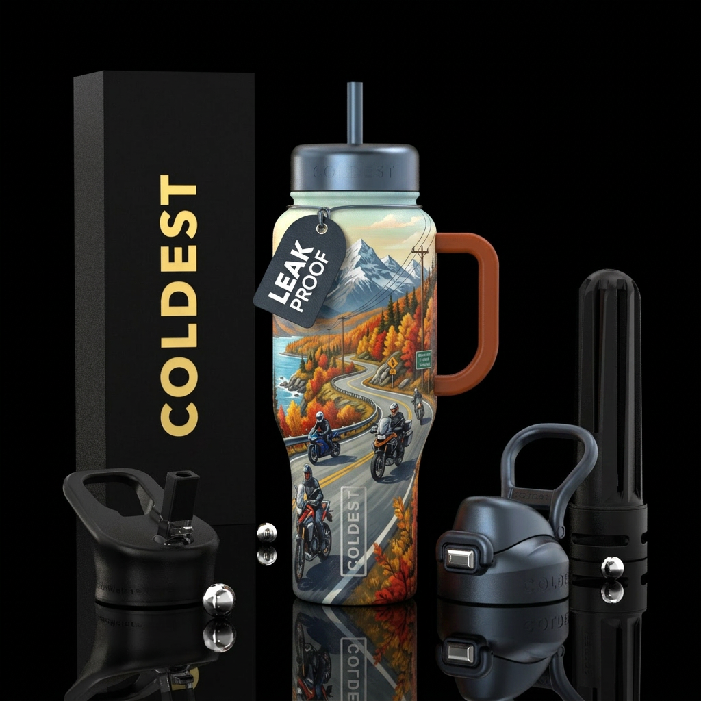 Motorcycles , road, mountains fall water bottle design