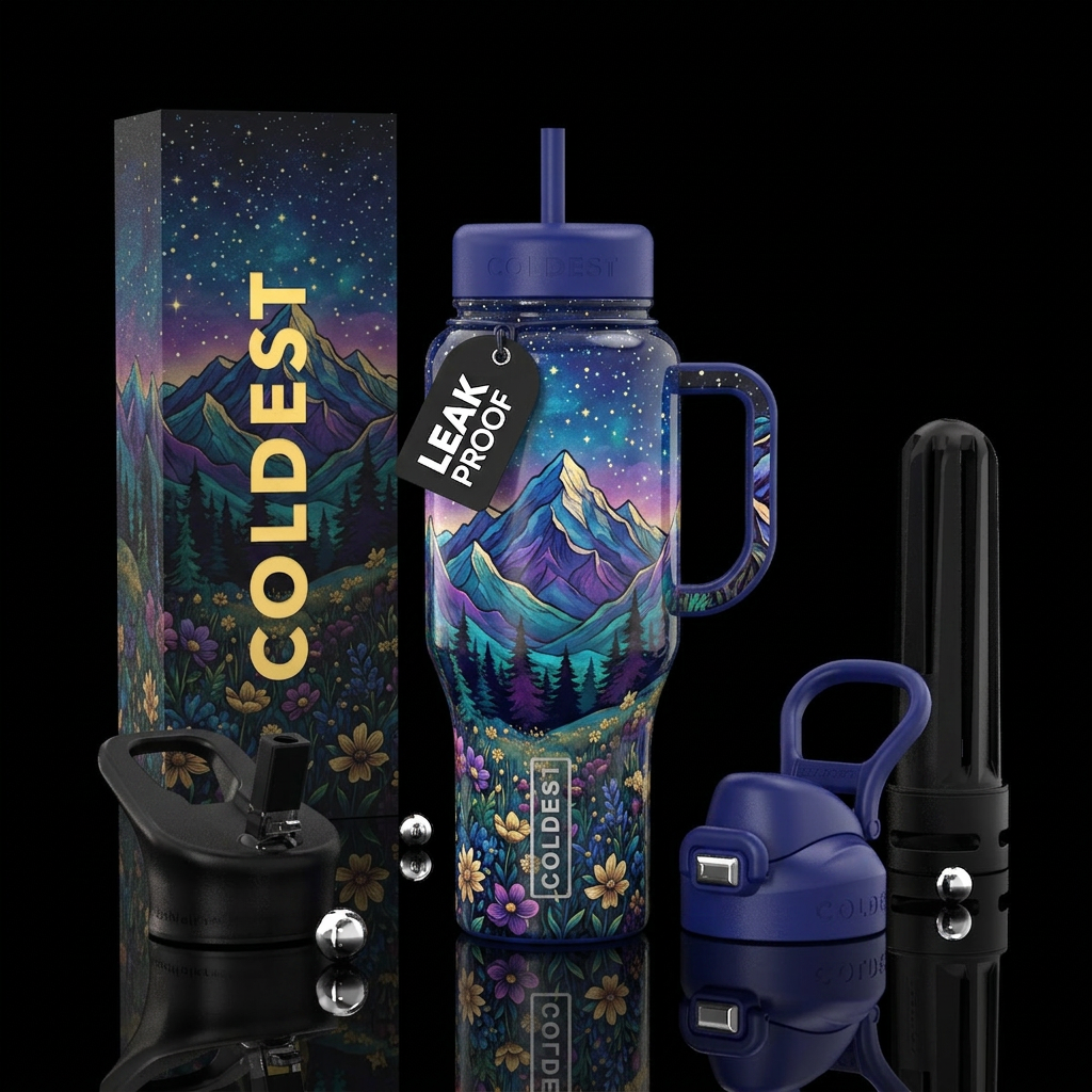 Mountains, trees skyline flower stars water bottle design