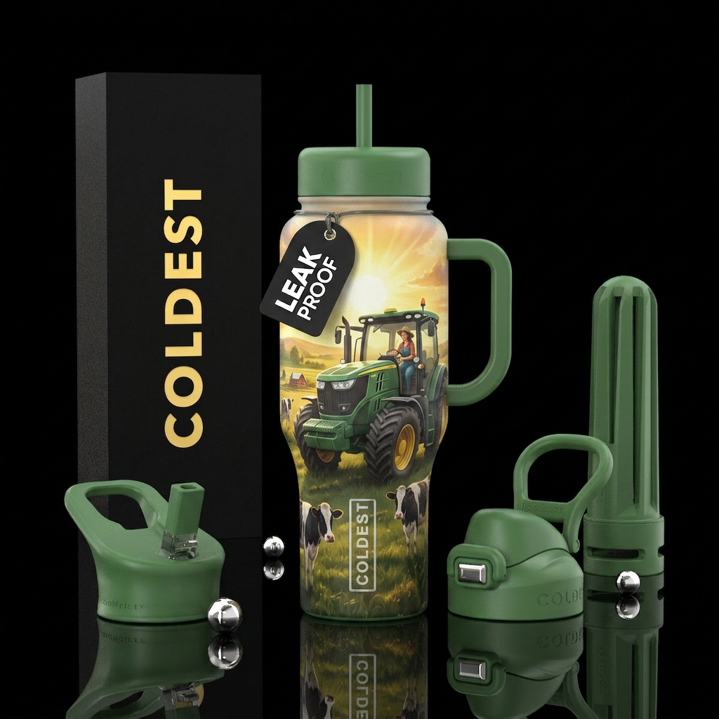Girl on tractor, farm, cows, sunshine water bottle design