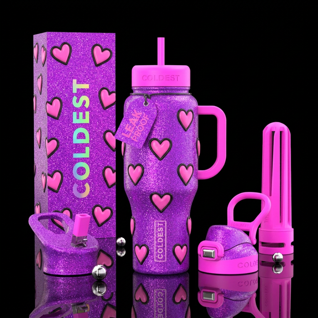 Bright neon glitter purple bottle with  3D looking... water bottle design