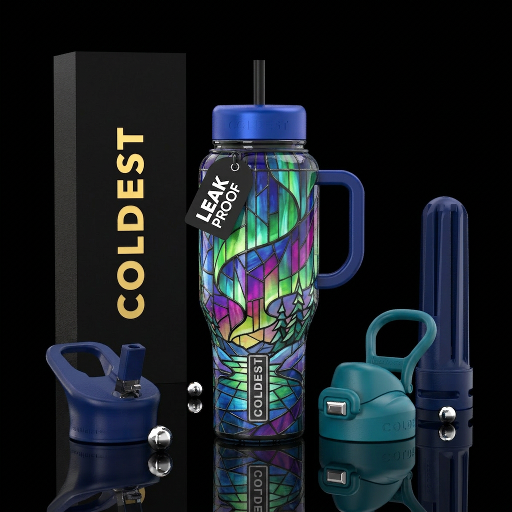 Northern Lights in Stained Glass water bottle design