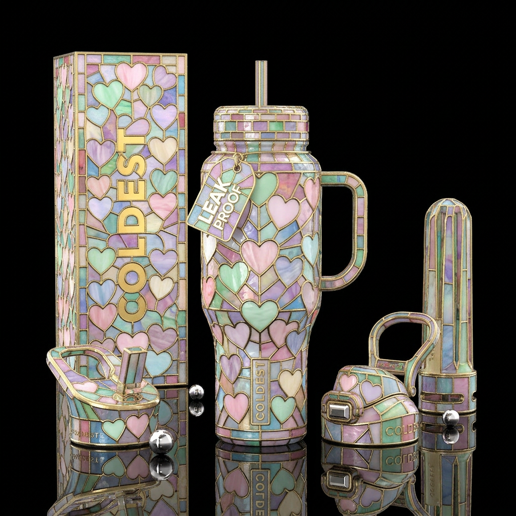 Pastel stained glass hearts water bottle design
