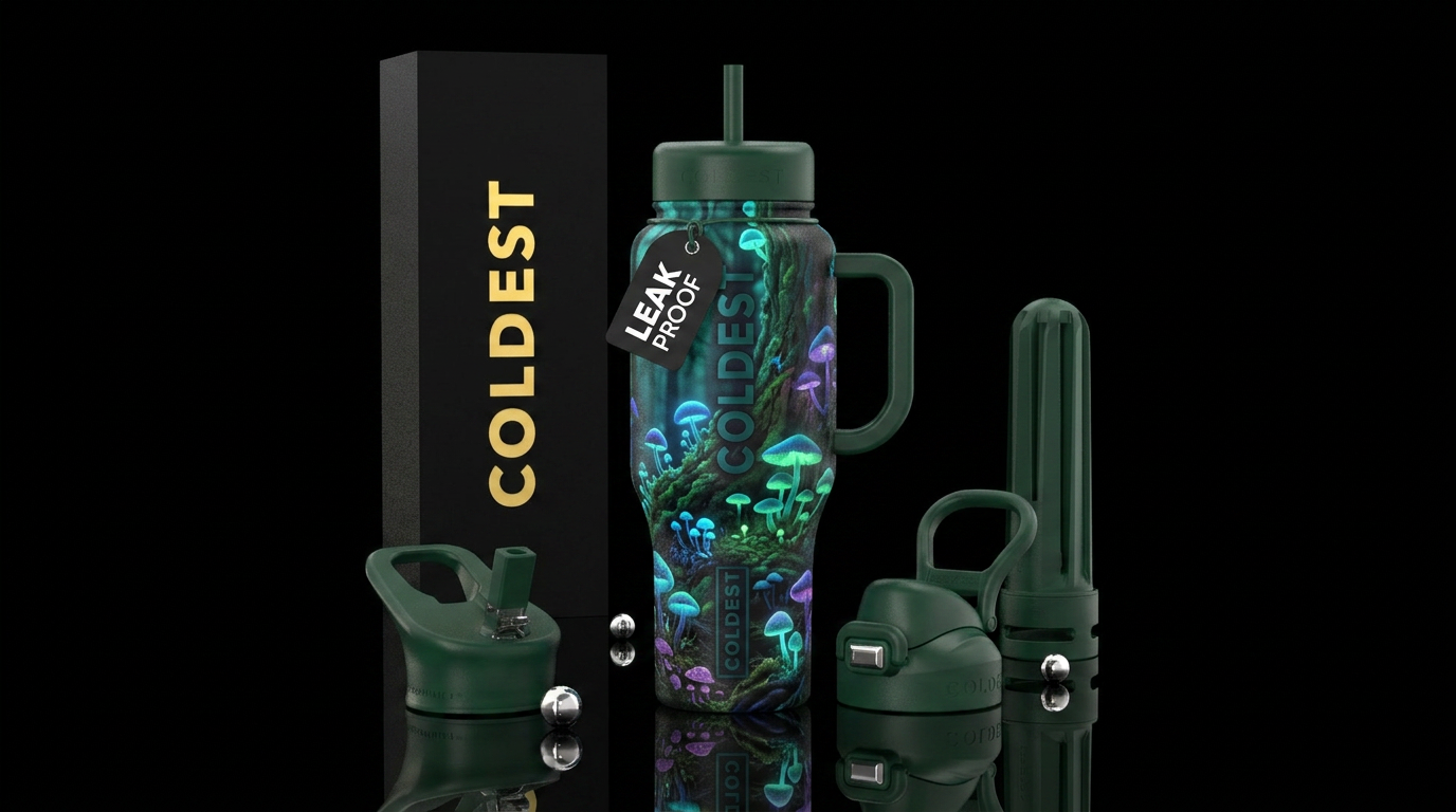 Bioluminescent mushrooms water bottle design
