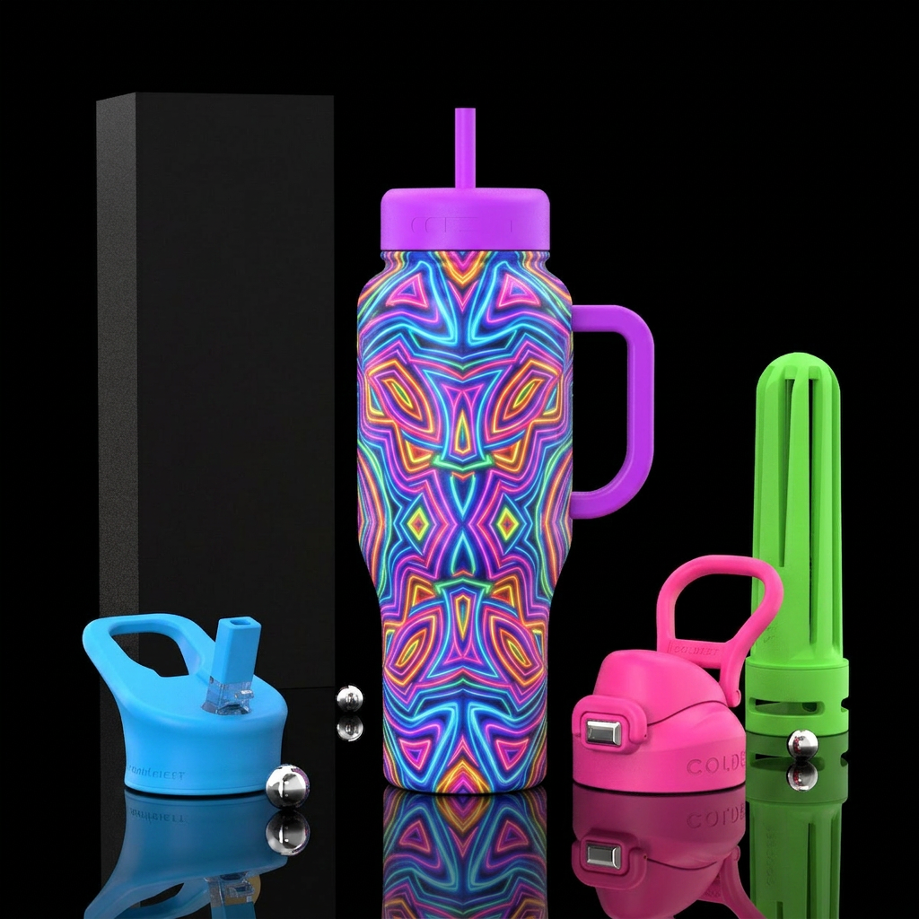 Neon kaleidoscope water bottle design