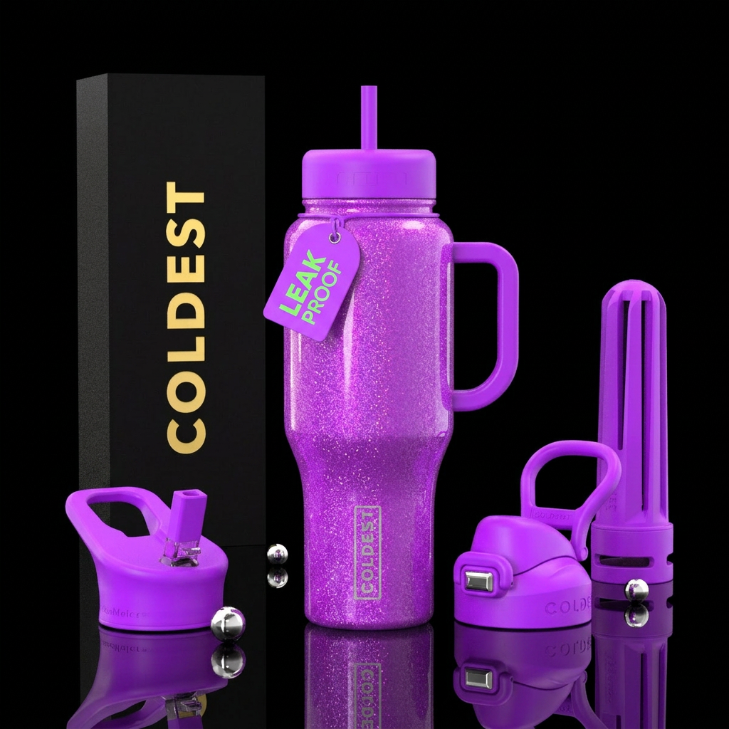 Purple rainbow glitter water bottle design