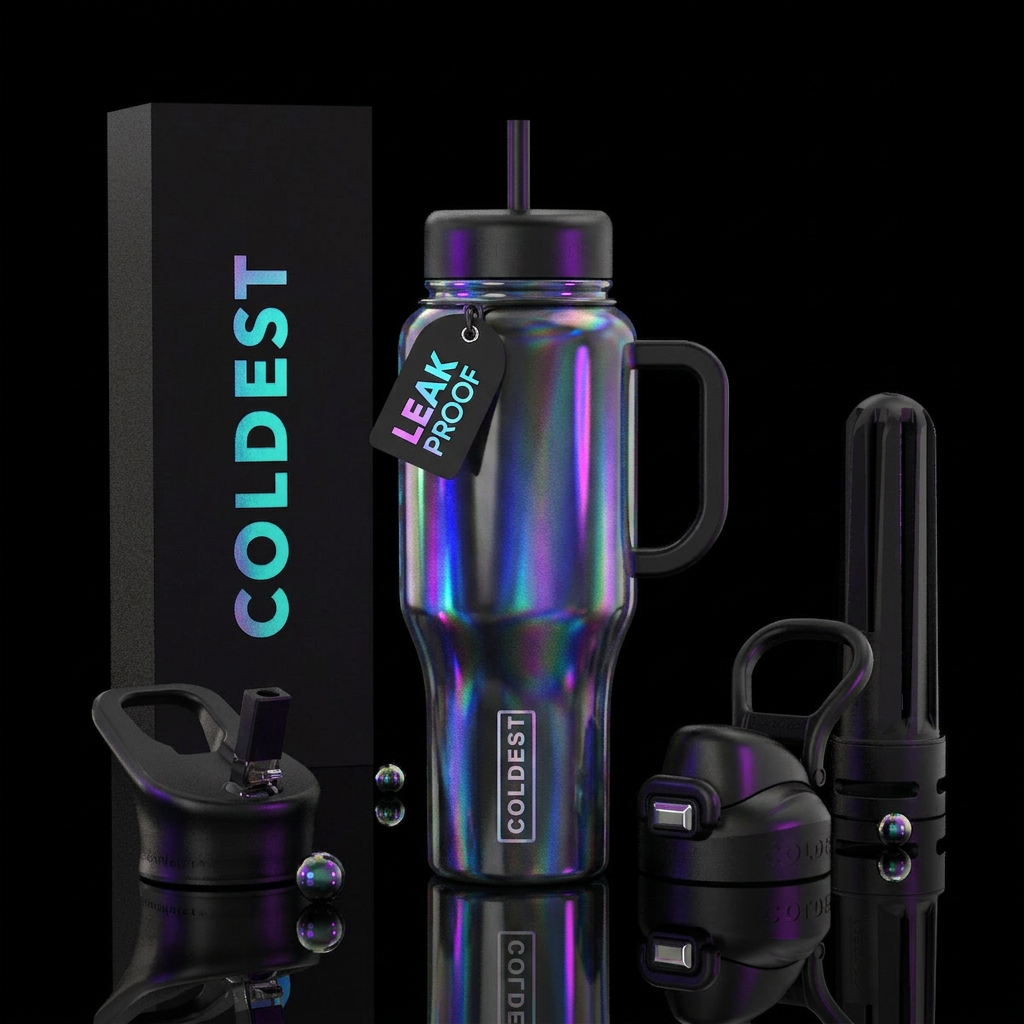 Holographic Black water bottle design