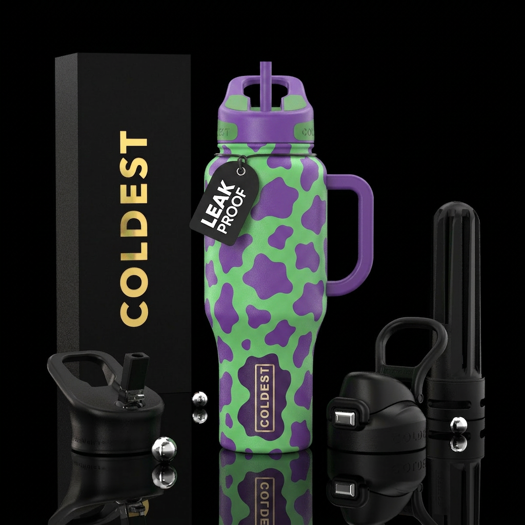 Green and purple cow print water bottle design