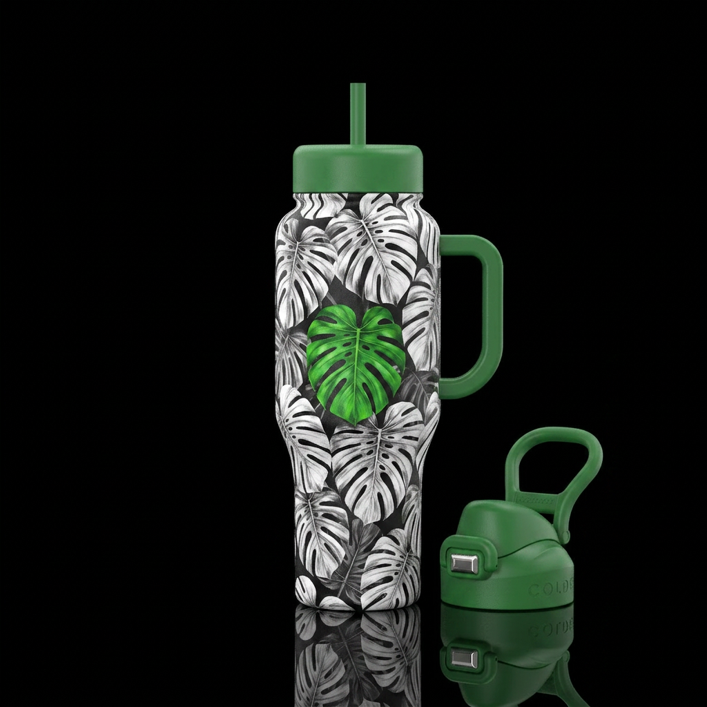 Monstera B&W water bottle design
