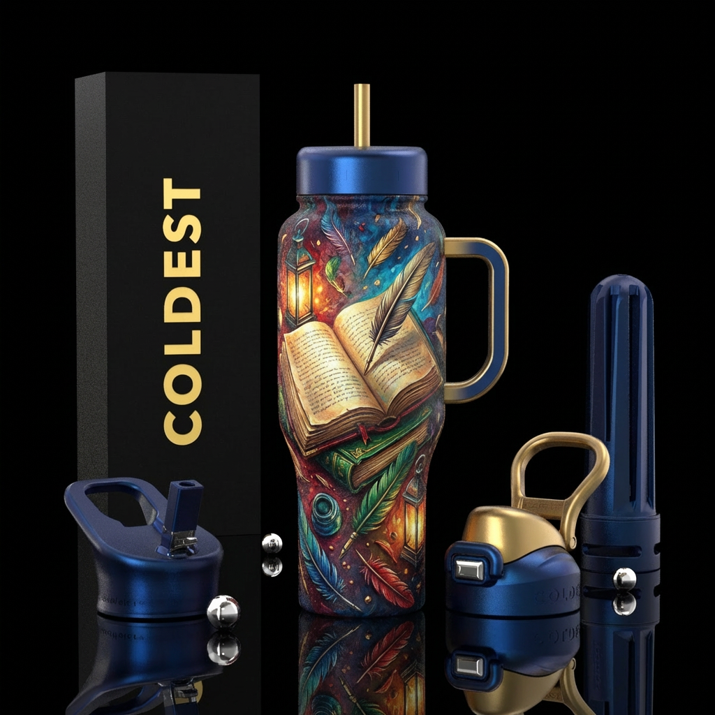 Textured open book with quill add lanterns and fea... water bottle design