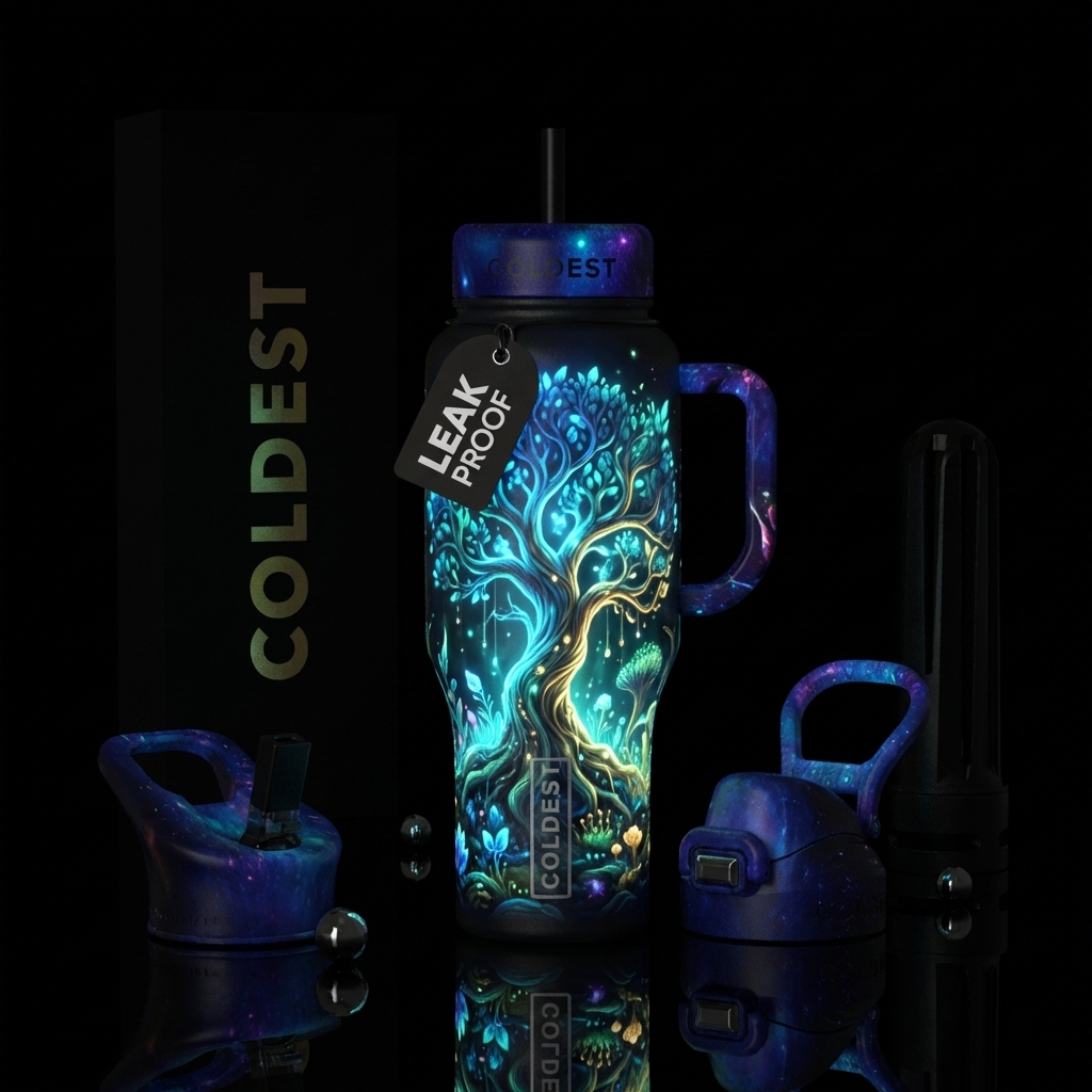 glowie, magic, trees water bottle design